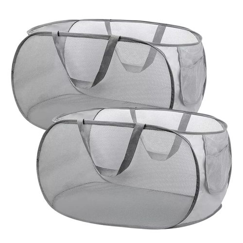 Panier à Linge Pliable Gris - Lot De 2 - Panier à Linge En Maille Alvéolée Respirante
