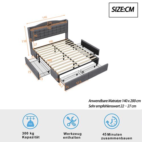 Lit Adulte Double 140x200cm En Lin Gris Avec USB Et 4 Tiroirs De Rangement, Sommier à Lattes