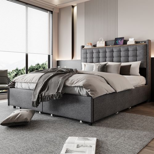 Lit Adulte Double 140x200cm En Lin Gris Avec USB Et 4 Tiroirs De Rangement, Sommier à Lattes