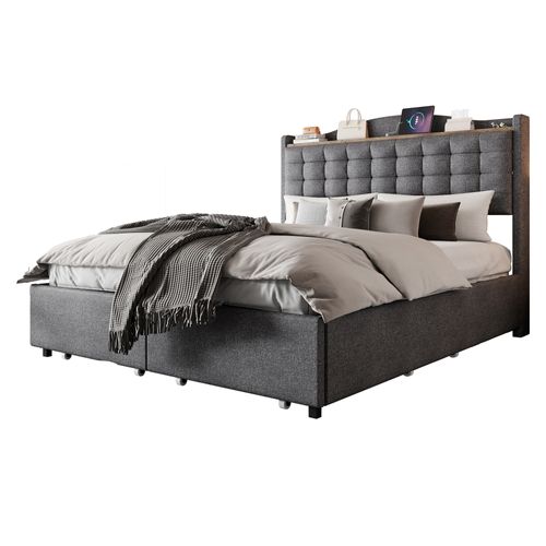 Lit Adulte Double 140x200cm En Lin Gris Avec USB Et 4 Tiroirs De Rangement, Sommier à Lattes