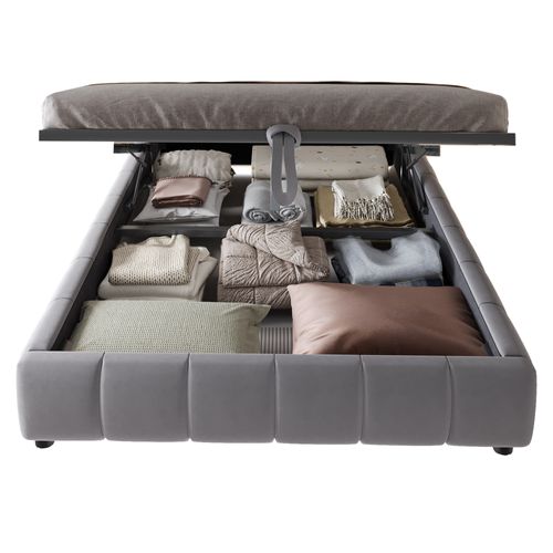 Lit Coffre Adulte 140x200cm Avec LED Et Sommier, Lit Bas Avec Cadre Flottant, Velours, Gris