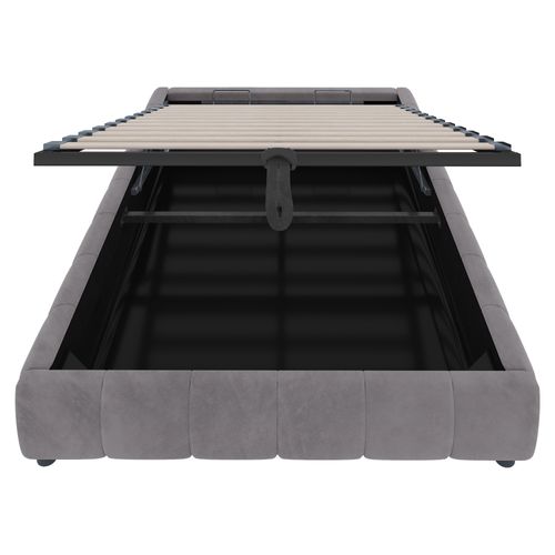 Lit Coffre Adulte 140x200cm Avec LED Et Sommier, Lit Bas Avec Cadre Flottant, Velours, Gris