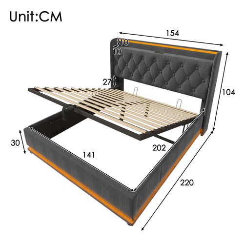 Lit Coffre Adulte 140x200cm, Lit Double Avec LED, USB,type-c Et Sommier, Lin, Gris