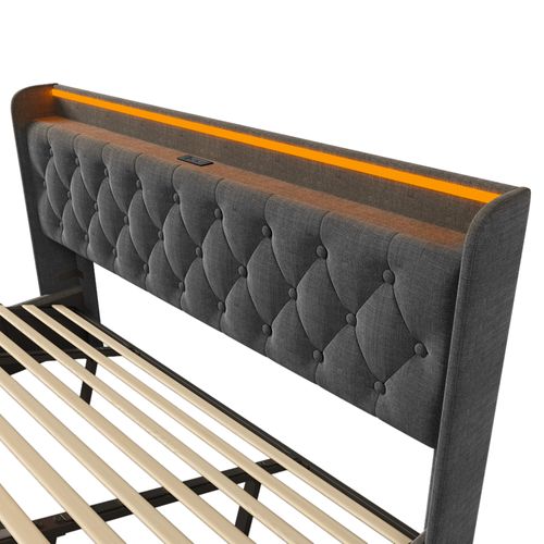 Lit Coffre Adulte 140x200cm, Lit Double Avec LED, USB,type-c Et Sommier, Lin, Gris