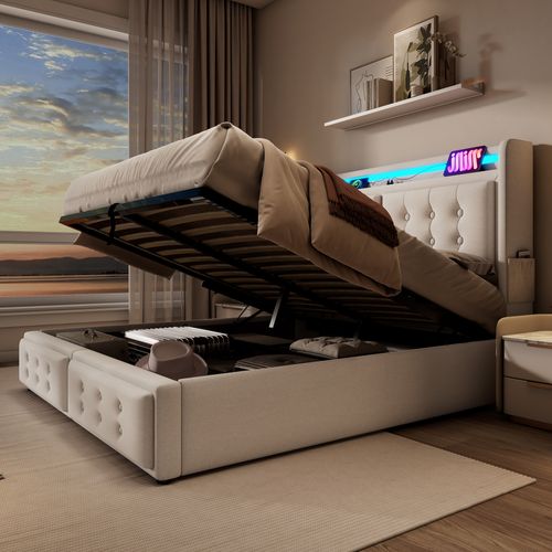 Lit Coffre Adulte 180x200cm, Lit Double Avec LED, Prises Et USB,type-c, Coton Et Lin, Beige