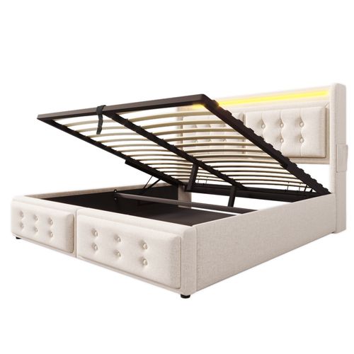 Lit Coffre Adulte 180x200cm, Lit Double Avec LED, Prises Et USB,type-c, Coton Et Lin, Beige