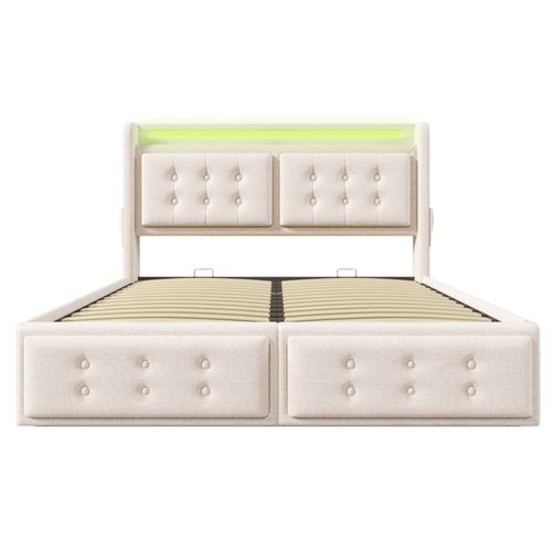 Lit Coffre Adulte 180x200cm, Lit Double Avec LED, Prises Et USB,type-c, Coton Et Lin, Beige