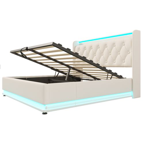 Lit Coffre Adulte 140x200cm, Lit 2 Places Avec LED, USB,type-c Et Sommier, Pu, Blanc