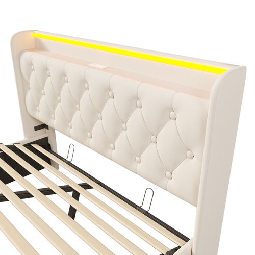 Lit Coffre Adulte 140x200cm, Lit 2 Places Avec LED, USB,type-c Et Sommier, Pu, Blanc