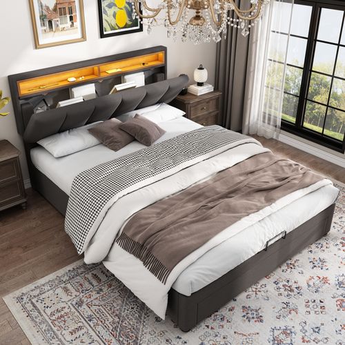 Lit Coffre LED 140x200cm, Lit Adulte Avec Tiroirs Et Tête De Lit Réglable Avec Rangement, Lin, Gris