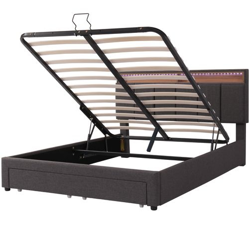 Lit Coffre LED 140x200cm, Lit Adulte Avec Tiroirs Et Tête De Lit Réglable Avec Rangement, Lin, Gris