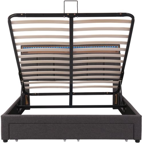 Lit Coffre LED 140x200cm, Lit Adulte Avec Tiroirs Et Tête De Lit Réglable Avec Rangement, Lin, Gris