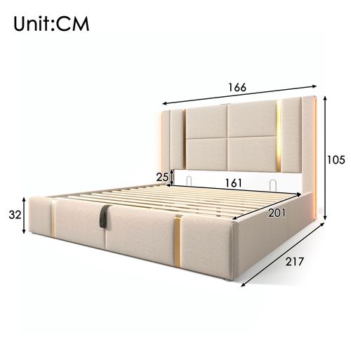 Lit Coffre Adulte 160x200cm En Lin Beige, Lit Double Avec LED, USB,type-c Et Minuteur, Sommier