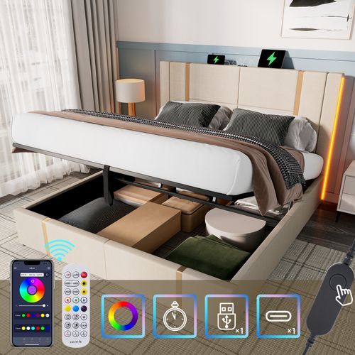 Lit Coffre Adulte 160x200cm En Lin Beige, Lit Double Avec LED, USB,type-c Et Minuteur, Sommier