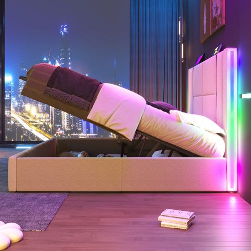 Lit Coffre Adulte 160x200cm En Lin Beige, Lit Double Avec LED, USB,type-c Et Minuteur, Sommier