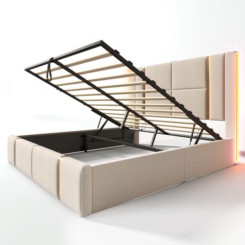 Lit Coffre Adulte 160x200cm En Lin Beige, Lit Double Avec LED, USB,type-c Et Minuteur, Sommier