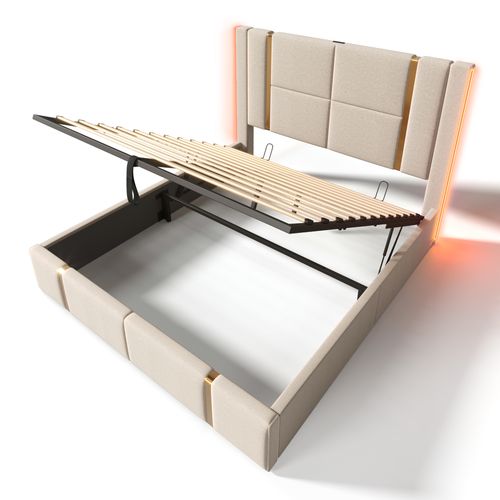 Lit Coffre Adulte 160x200cm En Lin Beige, Lit Double Avec LED, USB,type-c Et Minuteur, Sommier