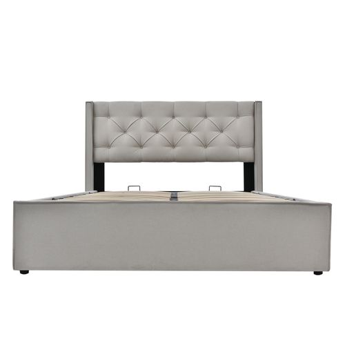 Lit Double Hydraulique Rembourré 160x200cm, Cadre De Lit Moderne Avec Rangement, Coton, Gris Clair