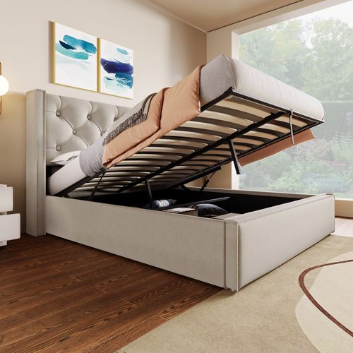 Lit Double Hydraulique Rembourré 160x200cm, Cadre De Lit Moderne Avec Rangement, Coton, Gris Clair