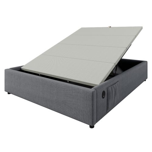 Lit Coffre Adulte 160x200cm, Lit Double Avec USB,type-c Et Sommier, Coton Et Lin, Gris