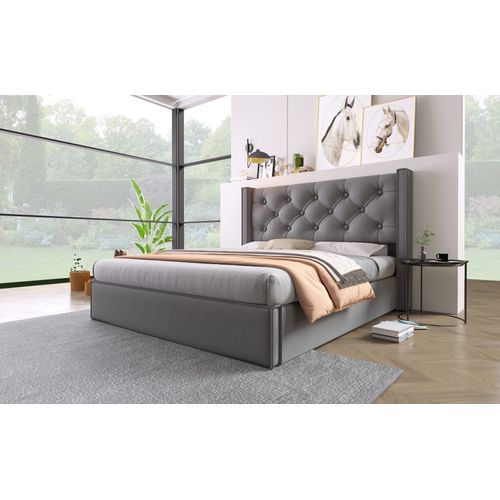 Lit Double Hydraulique Rembourré 160x200cm, Cadre De Lit Moderne Avec Rangement, Coton, Gris
