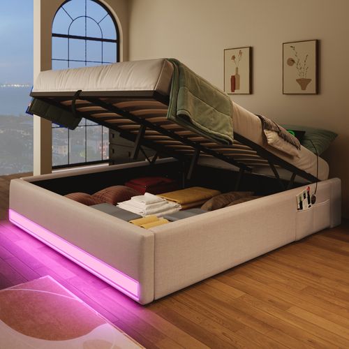 Lit Coffre Adulte 140x200cm Avec LED Et Port De Charge, Sommier Relevable, Lin, Beige