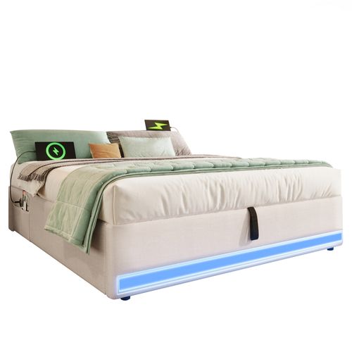 Lit Coffre Adulte 140x200cm Avec LED Et Port De Charge, Sommier Relevable, Lin, Beige