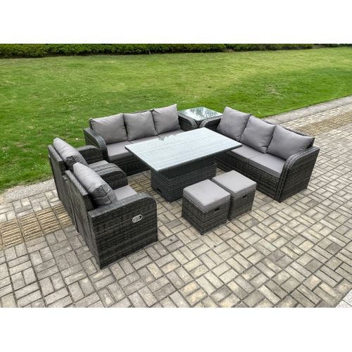 Salon De Jardin En Rotin Avec Table à Manger Réglable En Hauteur 2 Tabourets