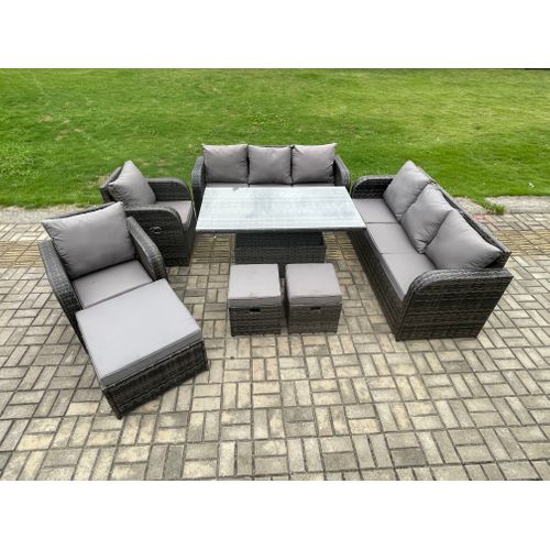 Salon De Jardin En Rotin Avec Table à Manger Réglable En Hauteur 3 Tabourets