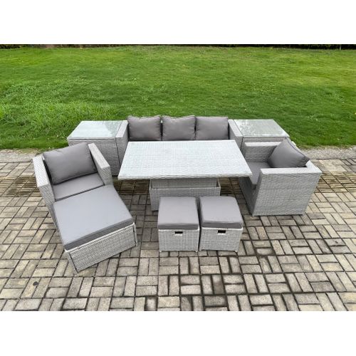 Salon De Jardin En Rotin Canapé, Et 3 Tabourets,2 Table D'appoint Intérieure Gris Clair