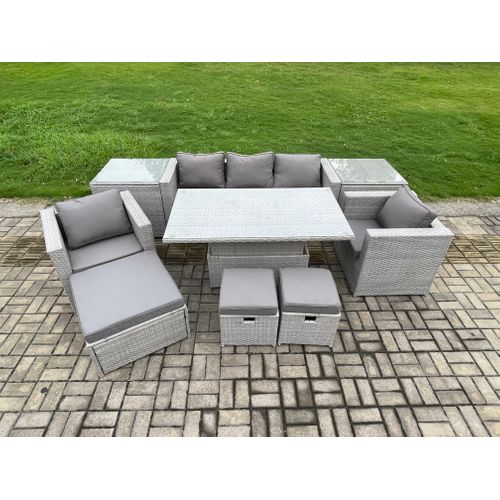 Salon De Jardin En Rotin Canapé, Et 3 Tabourets,2 Table D'appoint Intérieure Gris Clair
