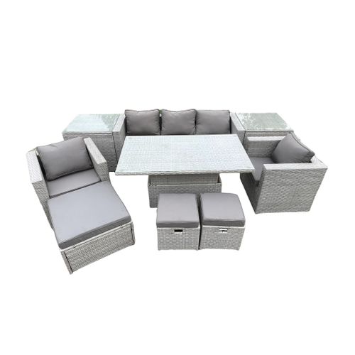 Salon De Jardin En Rotin Canapé, Et 3 Tabourets,2 Table D'appoint Intérieure Gris Clair