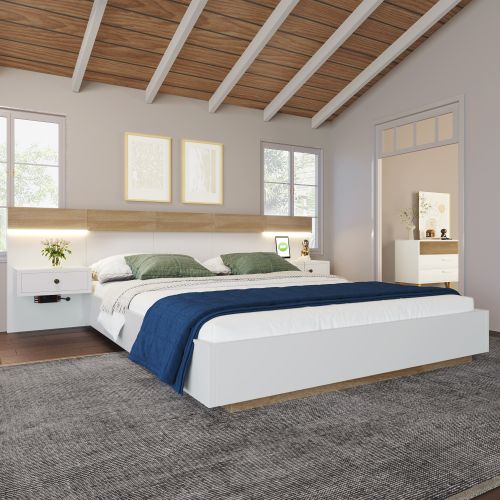 Lit Double Avec 2 Tables De Nuit LED Et Prise USB C, 180 X 200 Cm, Blanc