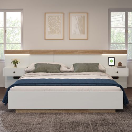 Lit Double 160x200 Cm Avec 2 Tables De Chevet à LED Et Prise USB C - Blanc