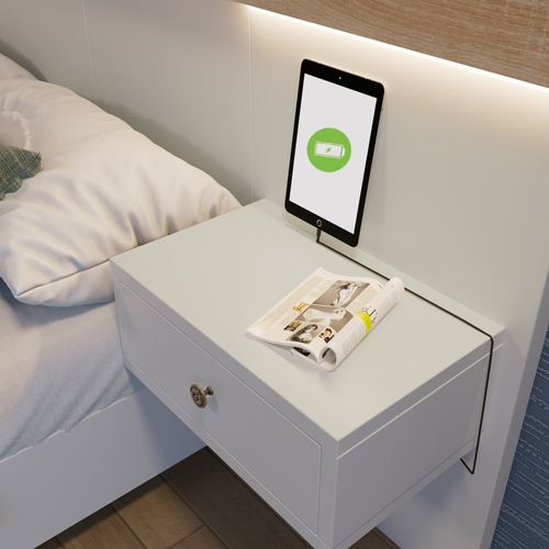 Lit Double 160x200 Cm Avec 2 Tables De Chevet à LED Et Prise USB C - Blanc