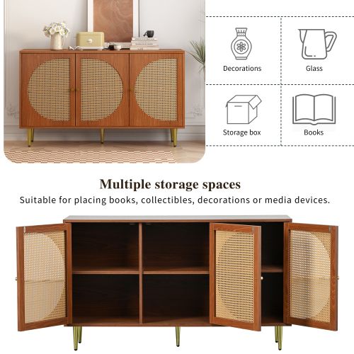 Buffet Avec 3 Portes Décorées En Rotin, Noyer, 129.8x 40x 76 Cm