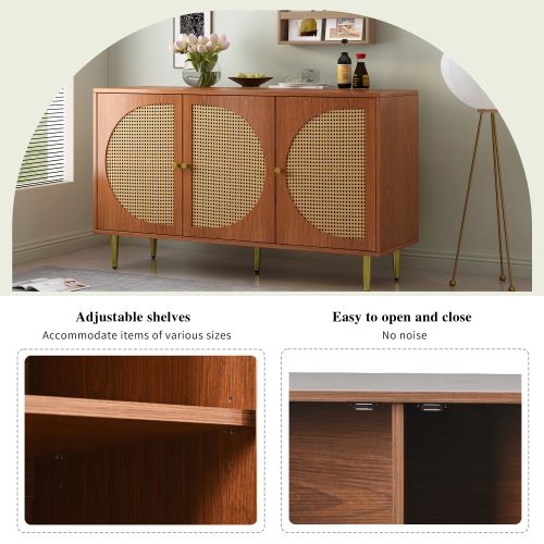 Buffet Avec 3 Portes Décorées En Rotin, Noyer, 129.8x 40x 76 Cm