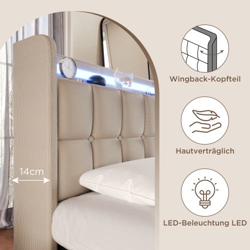 Lit De Confort Avec Chargeur USB, Éclairage LED Et Tiroirs De Rangement 140x200 Cm, Beige