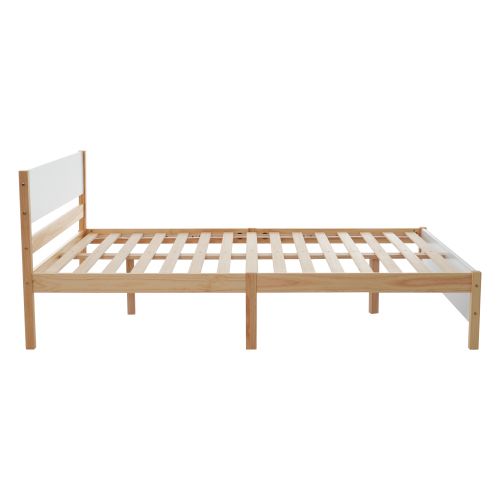Lit En Bois Double, Cadre En Pin Avec Pied Central, Blanc + Naturel, 140x200 Cm
