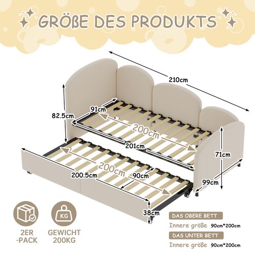 Lit Enfant 90x200 Cm Lit Gigogne Avec Espace De Rangement, Velours, Beige