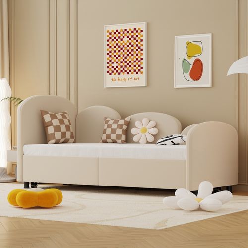 Lit Enfant 90x200 Cm Lit Gigogne Avec Espace De Rangement, Velours, Beige