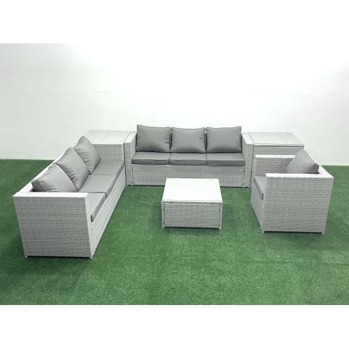 Meubles D'extérieur En Rotin Avec Fauteuil Table Basse Carrée 2 Tables D'appoint Gris Clair Mixte