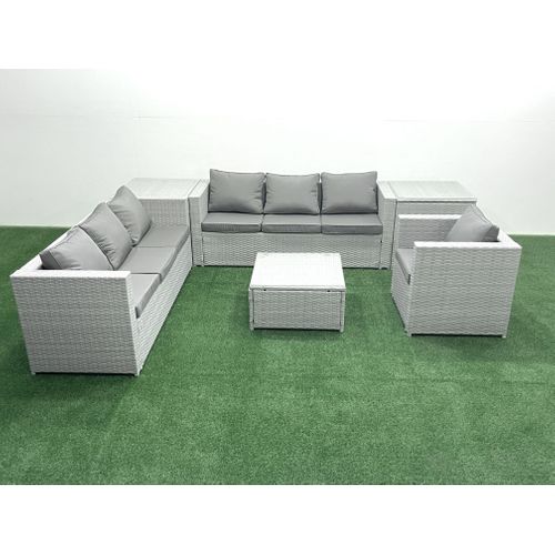 Meubles D'extérieur En Rotin Avec Fauteuil Table Basse Carrée 2 Tables D'appoint Gris Clair Mixte