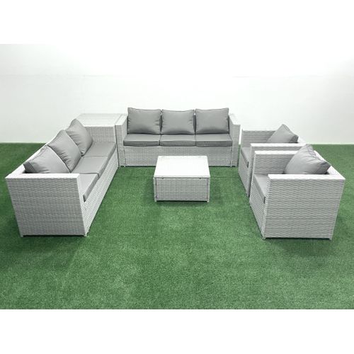 Salon De Jardin En Rotin Avec 2 Fauteuil Table Basse Carrée Table D'appoint Gris Clair Mixte