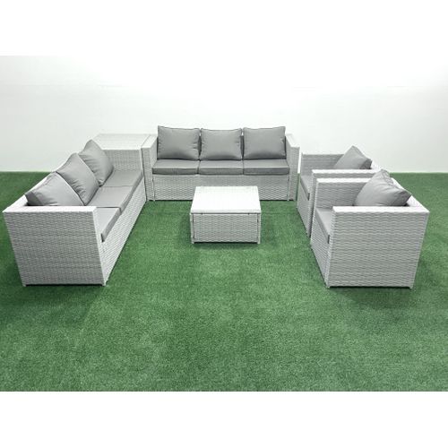 Salon De Jardin En Rotin Avec 2 Fauteuil Table Basse Carrée Table D'appoint Gris Clair Mixte