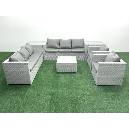 Salon De Jardin En Rotin Avec 2 Fauteuil Table Basse Carrée 2 Tables D'appoint Gris Clair Mixte