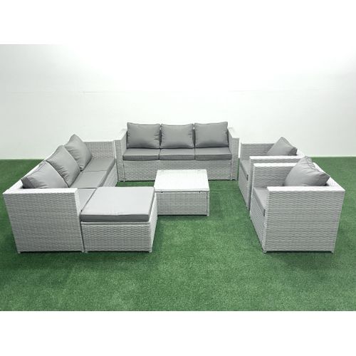 Salon De Jardin En Rotin Avec 2 Fauteuil Table Basse Carrée Grand Tabouret Gris Clair Mixte