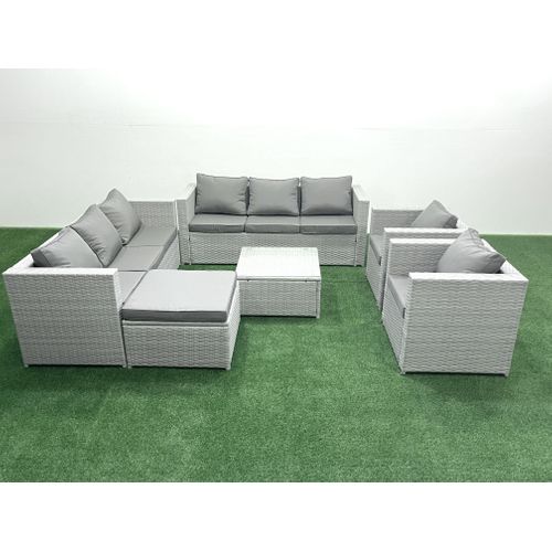 Salon De Jardin En Rotin Avec 2 Fauteuil Table Basse Carrée Grand Tabouret Gris Clair Mixte