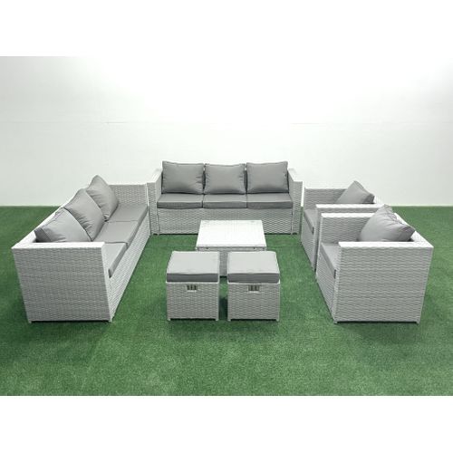 Salon De Jardin En Rotin Avec 2 Fauteuil Table Basse Carrée 2 Petits Tabourets Gris Clair Mixte