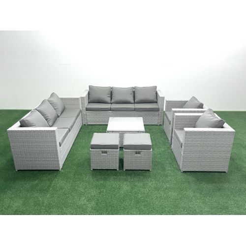 Salon De Jardin En Rotin Avec 2 Fauteuil Table Basse Carrée 2 Petits Tabourets Gris Clair Mixte